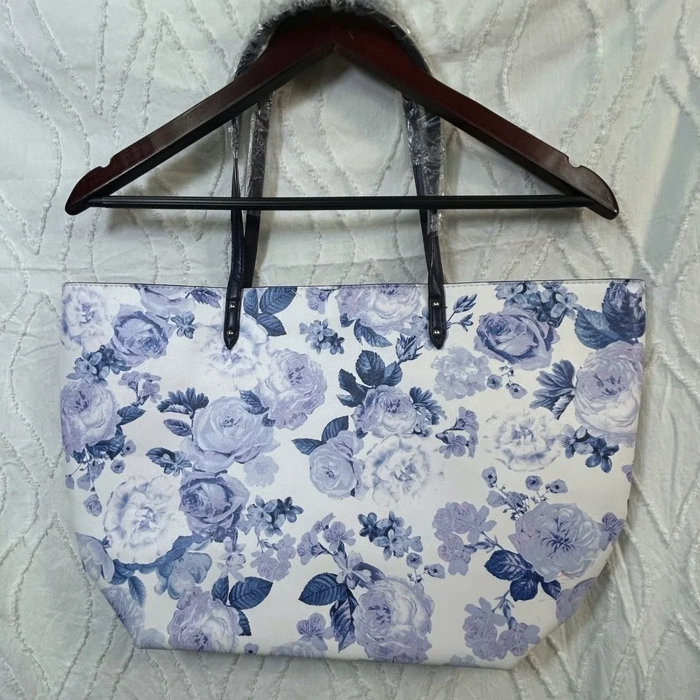 Victoria's Secret Floral Tote Bag Blue Lavender Purple White Large Shoulder NEW